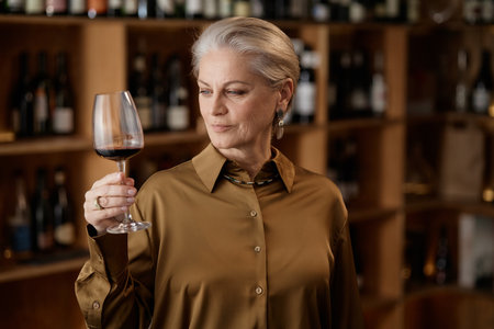 Senior Caucasian woman examining glass of red wine in wine cellar, holding stemware up to eye level and observing color and clarity, shelves with wine bottles in backgroundの写真素材