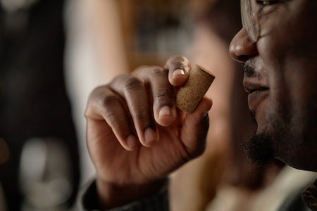Middle aged Black man holding wine cork near nose, smelling aroma during wine tasting session, closeup of face and hand, participating in sensory evaluation of wineの写真素材