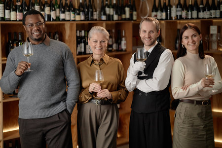 Diverse group of middle aged woman, middle aged man, young man, young woman holding wine glasses and smiling while standing in wine cellarの写真素材