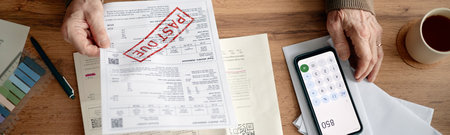Senior man analyzing overdue invoices and bills at desk, holding past due notice in hand, using smartphone calculator for financial calculations, coffee cup nearbyの写真素材