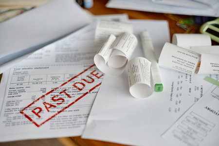 Closeup showing multiple utility bills and invoices scattered on desk, including electric statement marked past due, emphasizing financial analysis and overdue payment contextの写真素材