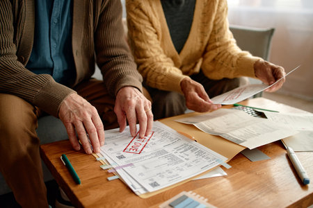 Senior man and senior woman reviewing overdue invoices and bills at table, sorting paperwork and using calculator, focusing on financial documents and household expensesの写真素材