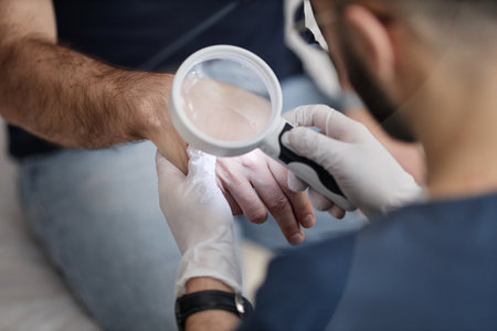 Middle aged Caucasian man receiving skin examination from male dermatologist using magnifying glass,...