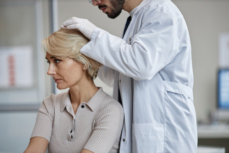Caucasian middle aged woman sitting while male doctor examining scalp during dermatology appointment, doctor wearing gloves and focusing on patient, clinical setting visible in backgroundの写真素材