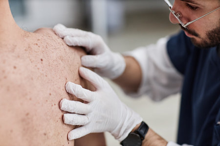 Caucasian middle aged man receiving skin examination from young adult male dermatologist wearing gloves, dermatologist closely inspecting patients shoulder during medical consultationの写真素材