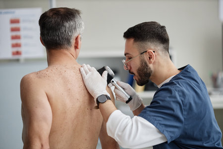 Middle aged Caucasian man sitting with back exposed while young adult male dermatologist examining...