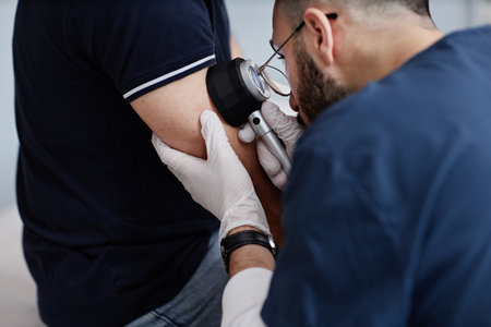 Middle aged Caucasian man undergoing skin examination by male dermatologist using dermatoscope, doctor wearing gloves closely inspecting patient arm for dermatological assessmentの写真素材