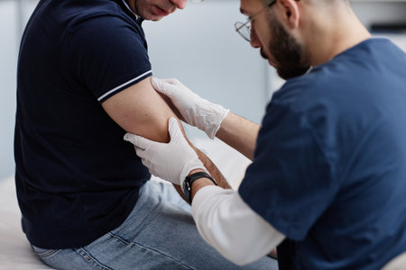 Middle aged Caucasian man sitting while male healthcare professional examining arm during...