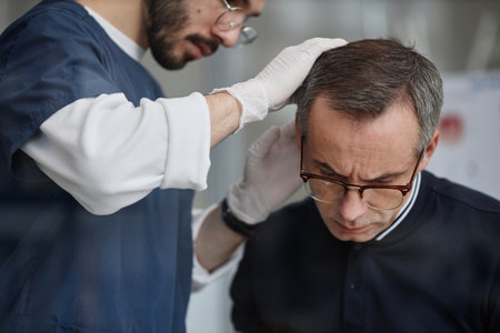 Middle aged Caucasian man being examined by young adult male dermatologist wearing gloves, doctor carefully inspecting scalp of patient during dermatology appointmentの写真素材