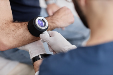 Middle aged man undergoing skin examination by male dermatologist using dermatoscope on forearm,...