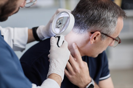 Middle aged Caucasian man sitting while male dermatologist examining scalp with magnifying glass...