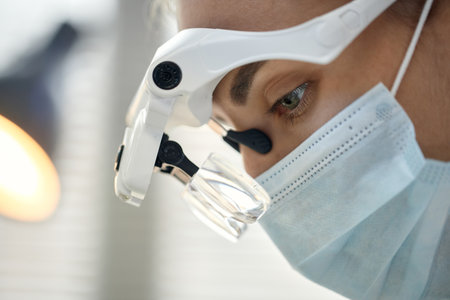 Caucasian young adult woman wearing surgical mask and magnifying loupes performing medical procedure in clinical setting, close up showing focused expression and professional equipmentの写真素材
