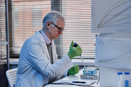 Senior Caucasian man wearing lab coat and green gloves conducting scientific experiment using...