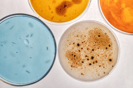 Overhead view showing four petri dishes containing different colored agar mediums with visible bacterial or fungal colonies growing on surfaces, arranged on backgroundの写真素材
