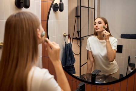 Caucasian young adult woman using facial roller while looking at reflection in bathroom mirror, demonstrating skincare routine and self care, long straight hair visibleの写真素材