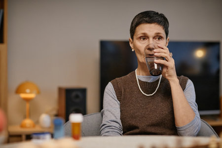 Middle aged Caucasian woman sitting in nursing home drinking water from glass, holding cup with right hand, prescription medication bottle placed on table in foregroundの写真素材