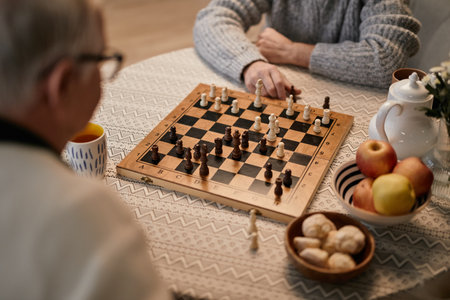Senior Caucasian man and senior Caucasian woman playing chess at round table in nursing home, hands...