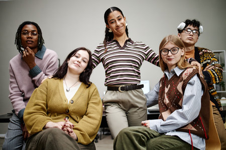 Group of diverse young adults posing together in office setting, including multiethnic women and men, all looking confidently at cameraの写真素材