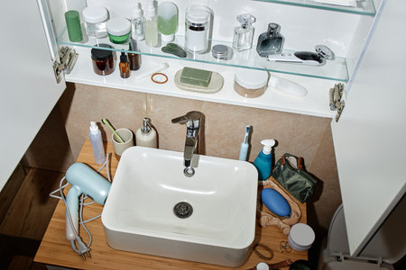 Bathroom sink surrounded by various personal care products, electric hair dryer, grooming tools, skincare bottles, toothbrushes, and hygiene items arranged on countertop and shelvesの写真素材
