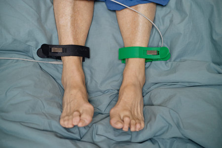 Senior Caucasian woman lying in hospital bed with both ankles secured by medical monitoring devices,...