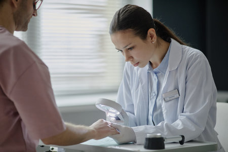 Young adult Caucasian woman dermatologist examining hand of middle aged Caucasian man using magnifying glass during dermatology consultation in medical officeの写真素材