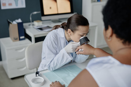 Young adult Asian woman dermatologist examining hand of middle aged Black woman patient using dermatoscope during dermatology consultation in medical officeの写真素材