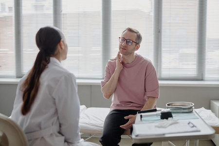 Caucasian middle aged man touching neck while consulting female doctor in medical office, discussing dermatological symptoms during examination, clinical setting visible in backgroundの写真素材