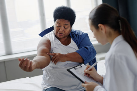 Middle aged Black woman showing irritated skin on arm to female doctor during dermatology consultation, doctor taking notes on clipboard while patient describing symptomsの写真素材