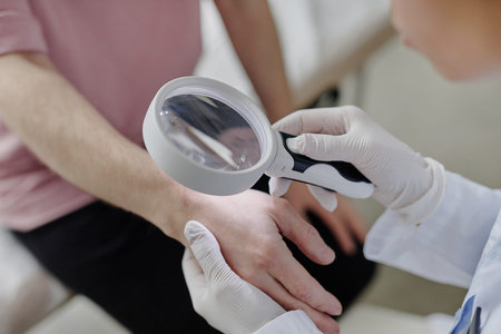 Caucasian young adult man undergoing dermatological examination by medical professional wearing gloves using magnifying glass to inspect skin on hand in clinical settingの写真素材