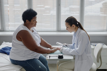 Middle aged Black woman sitting on examination table receiving dermatological skin check from young adult Asian female doctor using magnifying glass in medical officeの写真素材