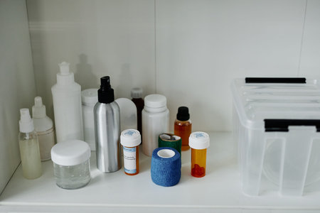 Assorted medical supplies including prescription pill bottles, ointment jars, spray bottles, and elastic bandage arranged on shelf representing dermatology treatment essentialsの写真素材