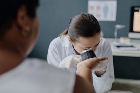 Asian young adult woman dermatologist examining Black woman's hand with dermatoscope during dermatology consultation in medical office, focusing on skin analysis and diagnosisの写真素材