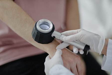 Caucasian young adult man undergoing skin examination by dermatologist using dermatoscope on forearm, gloved hands holding device, close up focusing on dermatology procedureの写真素材