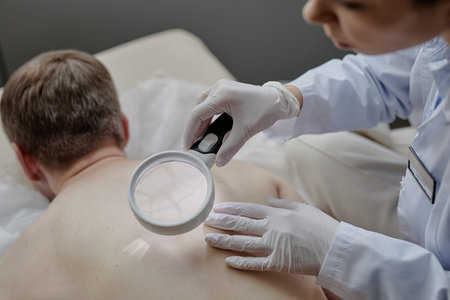 Caucasian middle aged man lying face down receiving skin examination from female dermatologist using magnifying glass and wearing gloves during dermatology consultationの写真素材