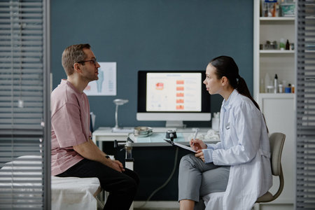 Caucasian middle aged man sitting on examination table consulting with Asian young adult woman...