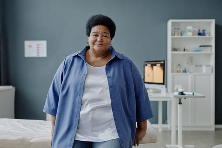 Portrait of middle aged Black woman standing in dermatology clinic, looking at camera with neutral expression, medical equipment and examination table visible in backgroundの写真素材