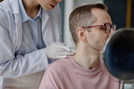Caucasian young adult man sitting while female doctor examining skin on neck during dermatology...