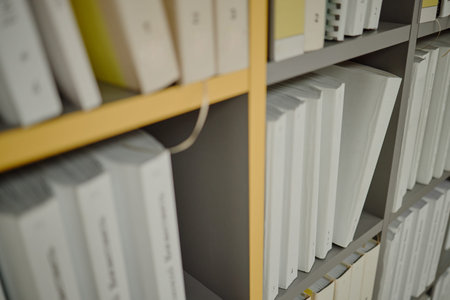 Bookshelves filled with rows of large books arranged neatly, representing accessible reading materials in library setting, closeup viewの写真素材