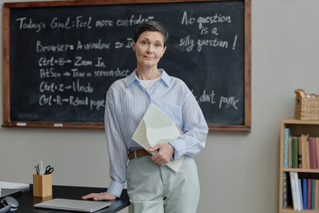 Portrait of middle aged Caucasian woman standing in classroom holding notebooks, smiling gently,...
