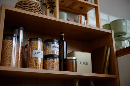 Kitchen shelf displaying transparent containers filled with pasta, oatmeal, lentils, and flour, alongside glass bottle and metal tin, various kitchenware arranged in backgroundの写真素材