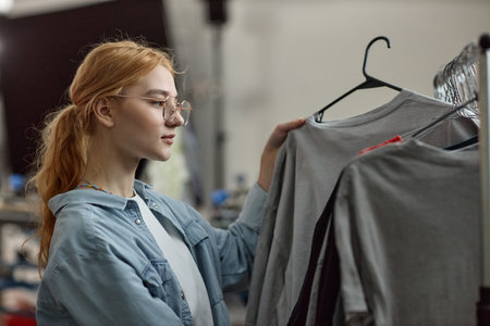 Young adult Caucasian woman browsing clothing rack, examining shirts while standing in store or...