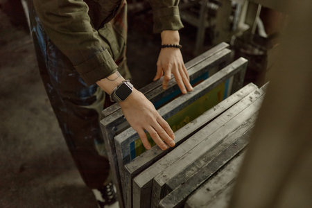 Young adult Caucasian man arranging silkscreen frames in workshop, hands visible with smartwatch and...