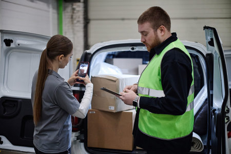 Young adult warehouse workers documenting parcel loading at delivery van, using smartphone and clipboard for inventory control. Ideal for logistics, shipping, fulfillment marketing