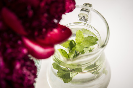 Water with peppermint leavesの写真素材