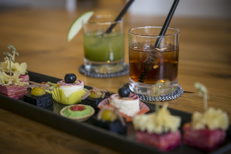 Tray with catering Canap longdrinksの写真素材