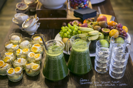 Buffet breakfast with smoothie and eggsの写真素材