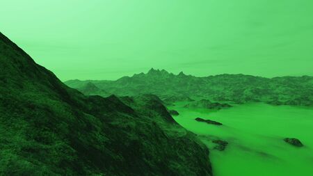 This image is a 3D render of landscape on Utopic sky scene with green light, fog and a bright sun.の写真素材