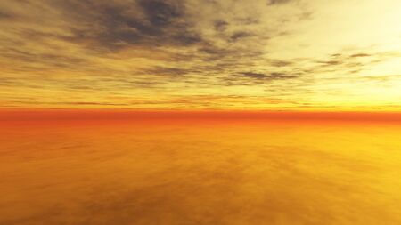 This image is a 3D render of sunset horizon landscape with clouds.の写真素材