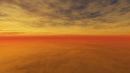 This image is a 3D render of sunset horizon landscape with clouds.の写真素材