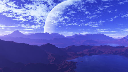 This image is a 3D render of landscape on Utopic sky scene with blue light, water and mountains.の写真素材
